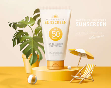 Ad template for summer products, sunscreen tube mock-up displayed on yellow podium with potted monstera, 3d illustrationのイラスト素材