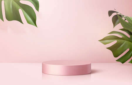 Product display podium decorated with monstera leaves on cherry blossom pink background, 3d illustrationのイラスト素材