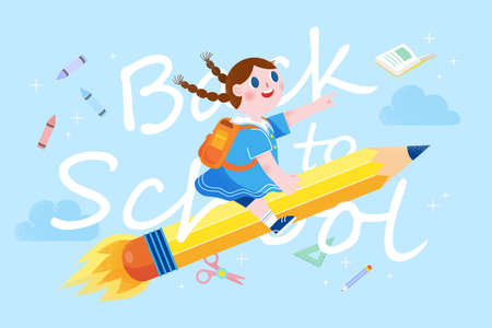 Cute girl riding on pencil rocket, concept of back to school, designed in flat styleのイラスト素材