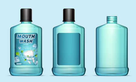 Cool mint mouthwash bottles design in 3d illustration, mockups with blank and designed labelsのイラスト素材