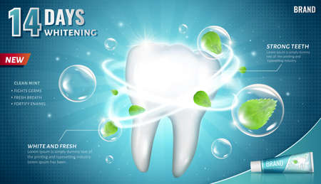 Ad template for toothpaste and other oral care products, with giant tooth model and dynamic whitening effect, 3d illustrationのイラスト素材