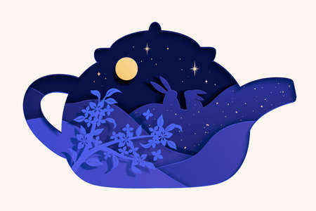 Scenery paper cut in teapot shaped hole, with rabbit standing on hill and osmanthus flowers blooming inside, isolated on white backgroundのイラスト素材