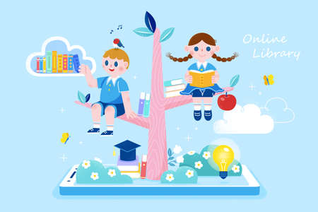 Cute students sitting on the tree planted on smartphone, concept of online library, illustration in flat styleのイラスト素材