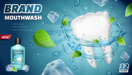 Cool mint mouthwash ads with flying mints, ice cubes and splashing water on striped background, 3d illustrationのイラスト素材