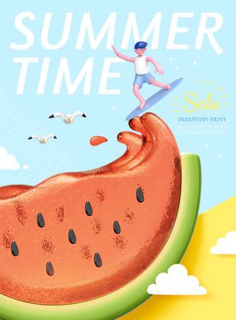 Summer concept poster, cute character riding juice wave of tasty watermelon, 3d illustrationのイラスト素材