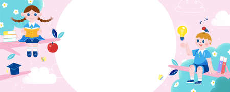 Blank banner for the concept of learning and studying, cute students sitting in the woods of knowledgeのイラスト素材