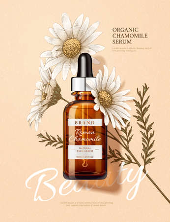 3d illustration of beauty product ad, designed with engraving chamomile and realistic dropper bottle, natural skincare conceptのイラスト素材