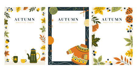 Set of autumn decorative borders in trendy hand drawn style, applicable to card, cover and invitationのイラスト素材