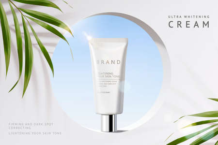 Skin care product ad, minimal scene of circular hole on white concrete wall with palm leaves, 3d illustrationのイラスト素材