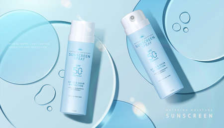 Cosmetic product ad with transparent circle disks, concept of light textured sunscreen, 3d illustrationのイラスト素材