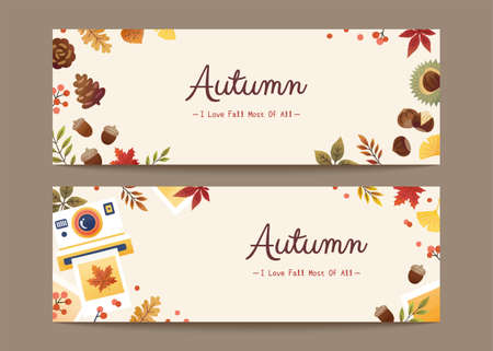 Set of minimal autumn foliage banners in flat design, applicable to web headers and sale promotionのイラスト素材