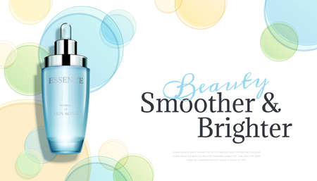 3d illustration of beauty product ad, top view design of circular disks and realistic dropper bottle, simple skincare conceptのイラスト素材