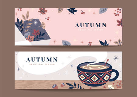 Set of autumn hygge banners in retro hand drawn style, applicable to web headers and sale promotionのイラスト素材