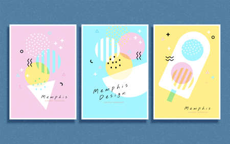 Concept of summer ice cream, cover template in Memphis and pastel tone design, for brochure, flyer, and poster useのイラスト素材
