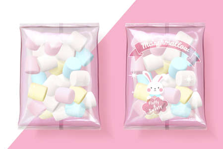 Marshmallow packets on pink and white background in 3d illustrationのイラスト素材