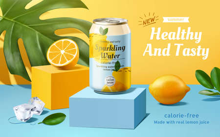 Sparkling water advertisement with lemons and ice cubes in 3d illustration