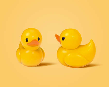 3d illustration of cute toy duck figurines isolated on yellow backgroundのイラスト素材