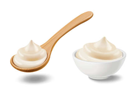 Mayonnaise sauce in bowl and wooden spoon in 3d illustration, isolated on white backgroundのイラスト素材
