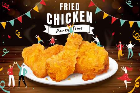 Delicious crispy fried chicken in 3d illustration on a party time themeの写真素材