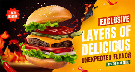 Delicious homemade burger with chili and BBQ grill fire, food ad banner in 3d illustrationの写真素材