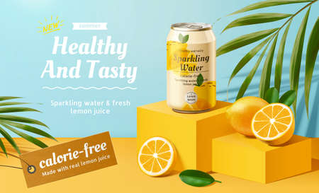 Sparkling water advertisement with lemons and palm leaves elements in 3d illustration