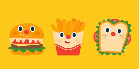 Illustration of cute breakfast food isolated on yellow background, including burger, french fries and sandwichのイラスト素材