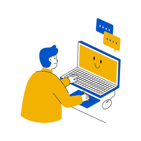 Man using a computer, concept of working and video conferencing, illustration in flat design isolated on white backgroundのイラスト素材