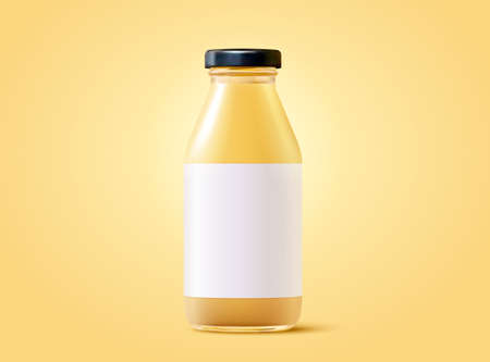 Apple juice glass bottle template in 3d illustration, isolated on yellow backgroundのイラスト素材