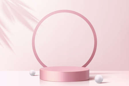 Product display podium decorated with pearls and leaf shadow on cherry blossom pink background, 3d illustrationのイラスト素材
