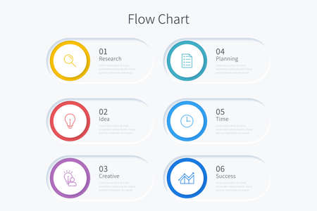 Flow chart infographic template with six circle elements and iconsのイラスト素材