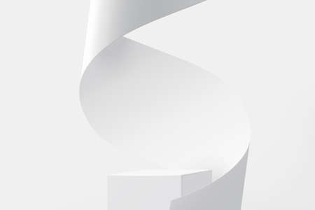 3D pedestal podium with white paper swirl flow on white studio background, product display stage in 3d illustrationのイラスト素材