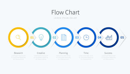 Flow chart infographic template design with icons and 5 sections or steps, suitable for presentation and websiteのイラスト素材