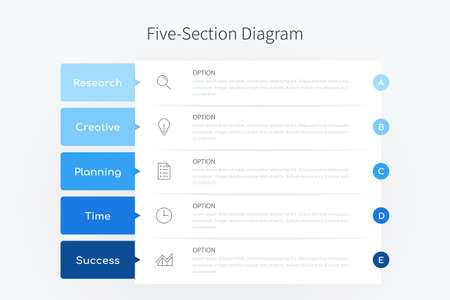 Five section infographic diagram, vertical process chart template with five heading banners in blue tone designのイラスト素材