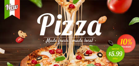 Tasty pizza ad with stringy cheese and fresh ingredients set on wooden table, 3d illustrationの写真素材