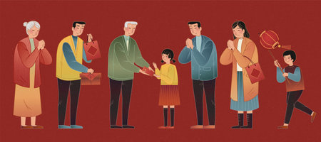 Asian people greeting for Chinese new year, character elements isolated on red backgroundのイラスト素材