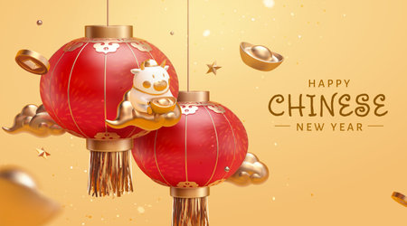 3d CNY banner with cute cattle sitting on cloud and flying through two large red Japanese lanterns. Concept of 2021 Chinese zodiac sign ox.のイラスト素材
