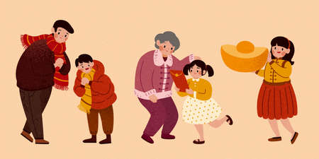 Cute Asian enjoying annual family reunion. People characters for Chinese new year, illustration element isolated on beige background.のイラスト素材
