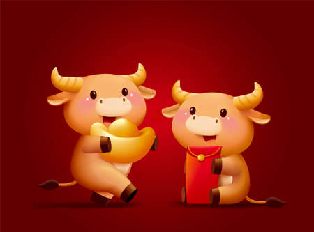 2021 Chinese new year animal element isolated on red background. Two cartoon baby cattle holding red envelope and gold ingot respectively.のイラスト素材