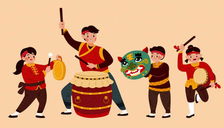 Isolated people characters for Chinese new year activity or parade. Cute Asian children playing traditional Chinese drum and instrument.のイラスト素材