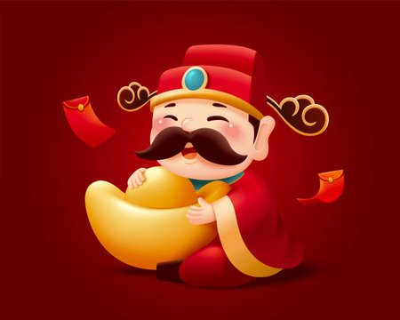 Chinese new year character element isolated on red background. Chinese god of wealth holding a huge gold ingot or sycee.のイラスト素材