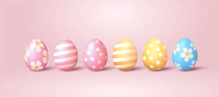 Easter painted egg with beautiful pattern. 3d holiday elements isolated on pink background.のイラスト素材