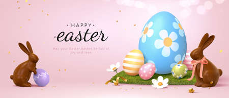 3d Easter banner with chocolate rabbits and beautiful painted eggs set on grass. Concept of Easter egg hunt or egg decorating art.のイラスト素材