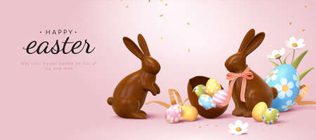 3d Easter banner with chocolate rabbits and beautiful painted eggs. Concept of Easter egg hunt or egg decorating art.のイラスト素材