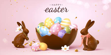 3d Easter banner with beautiful painted eggs in broken chocolate eggshell. Concept of Easter egg hunt or surprise gifts.のイラスト素材