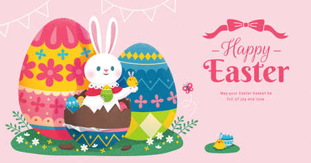 Happy Easter banner with cute rabbit sitting in beautiful chocolate eggs on green grass. Concept of egg hunt.のイラスト素材