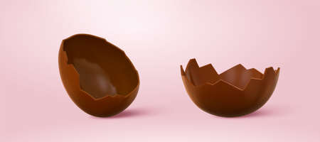 3d cracked chocolate eggshells. Food element set isolated on pink background. Suitable for Easter egg decoration or dessert recipe.のイラスト素材