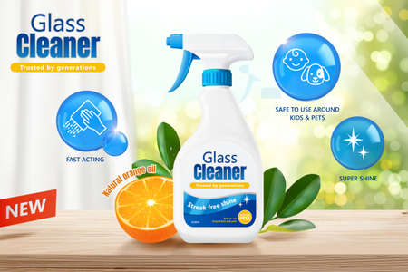 Glass cleaner ad template in 3d illustration. Product package mock up design with bright fresh orange and bubble icons.のイラスト素材