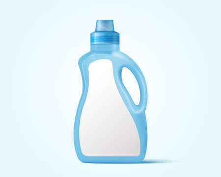 3d illustration of a blue plastic bottle with blank label, handle and screw cap. Cleaner or liquid detergent package template.のイラスト素材