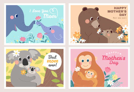 Lovely animals celebrate mother's day. Children of the elephant, bear, koala, and monkey deliver flowers to their mothers. Illustration designed in flat.のイラスト素材