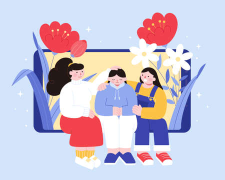 Flat illustration of two Asian women sitting on the phone screen and comforting their sad friend. Concept of mental support and guide from friends via phone app.のイラスト素材